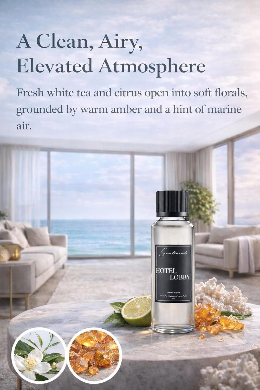 Scentiment Hotel Lounge Diffuser Oil – White Tea, Bergamot, Orange Blossom, Amber & Marine Scent for Diffusers, Fragrance Oil - 4.06 fl oz (120 mL)