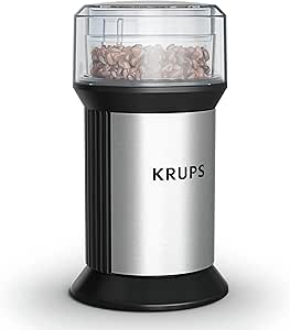 Krups Electric Blade Coffee Grinder, 1.6 oz, Adjustable Coarse to Fine, Removable Dishwasher Safe Bowl, Stainless Steel