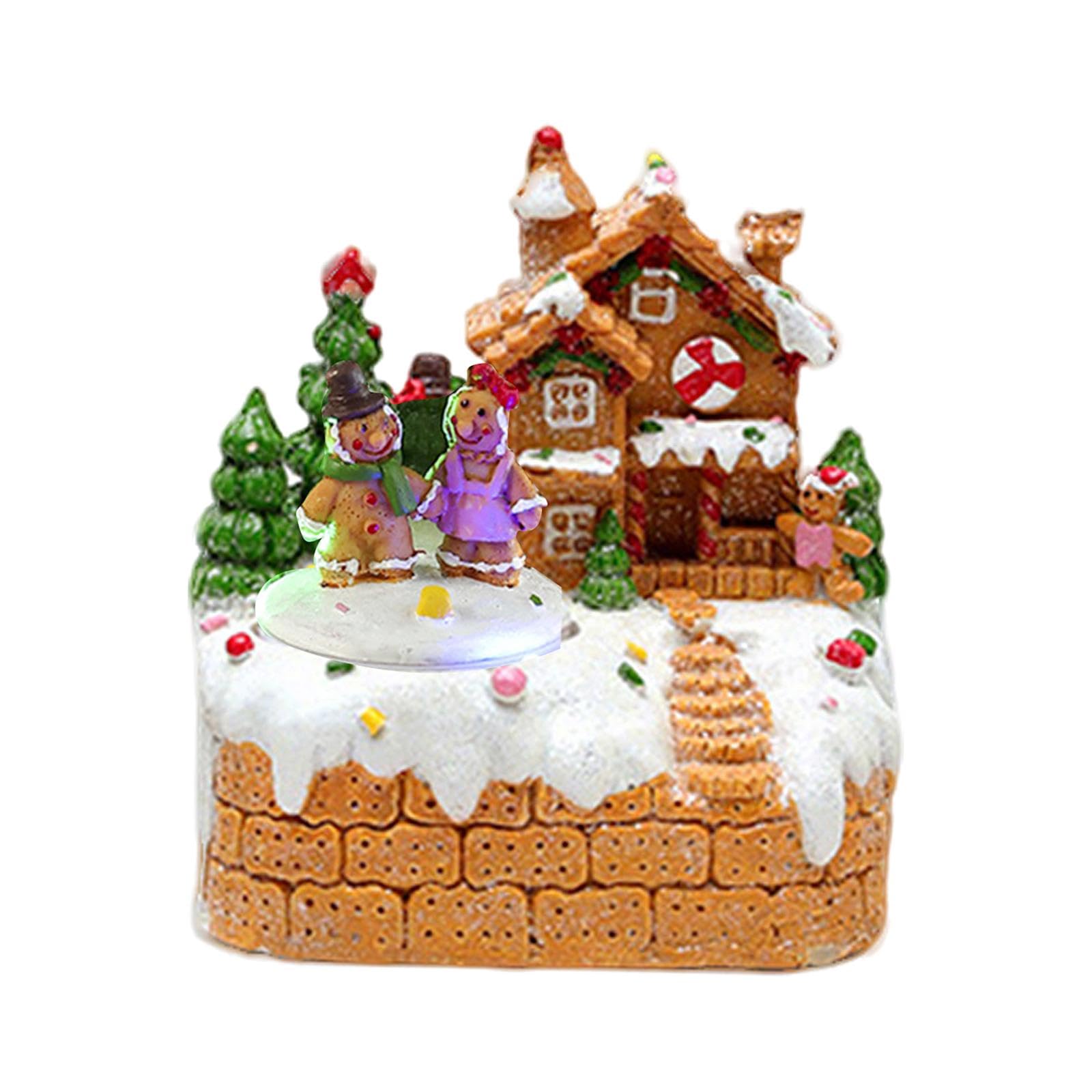 Carillon Natalizio Casa Musicale Ornamentale Villaggio Natalizio Luminoso Decorazione in Resina a Tema Neve Adatto per Tavolo Interno Camera Bambini, 2 Omini di Pan di Zenzero