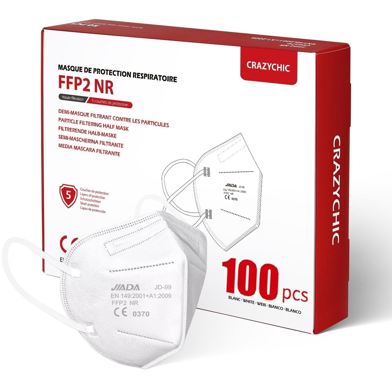 CRAZYCHIC - Masque FFP2 NR Blanc Certifié Norme CE EN149 - Masque de Protection Respiratoire - Haute Filtration 5 Couches Filtrantes - Hypoallergénique - Emballage individuel - Boîte