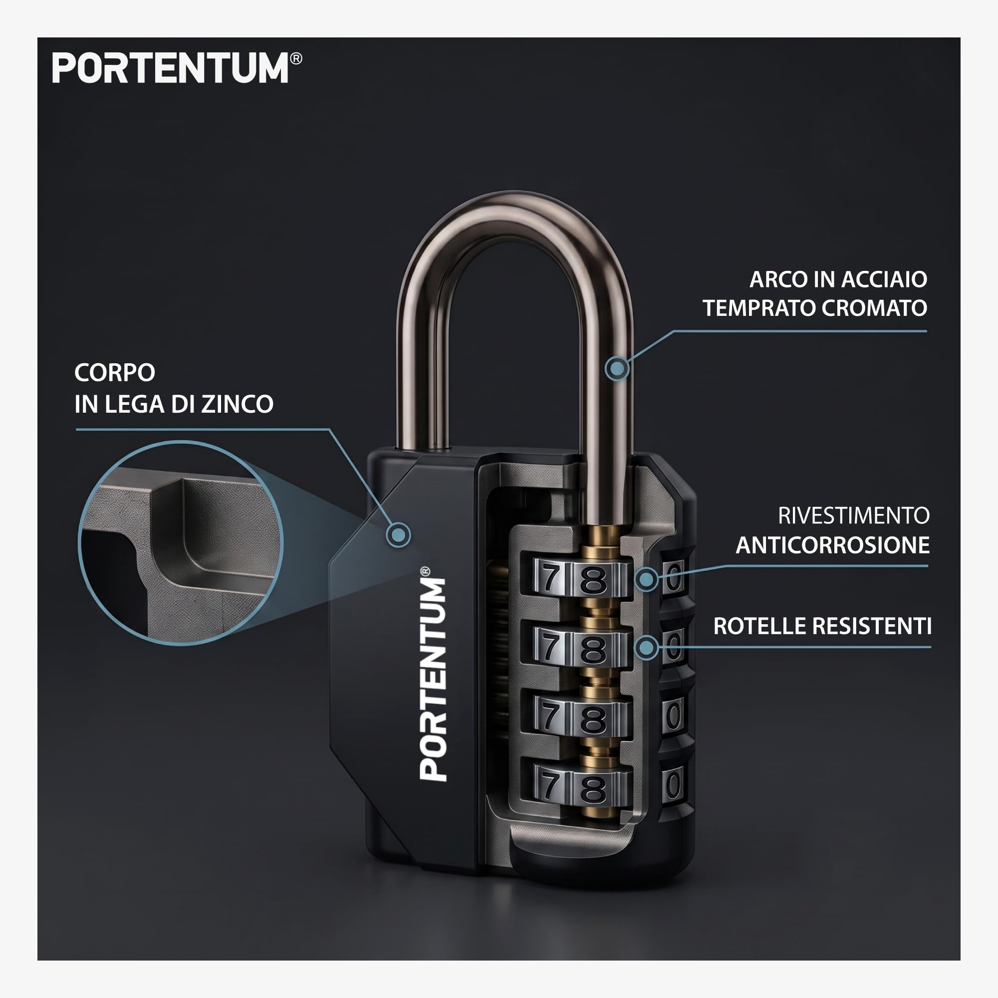 PORTENTUM Lucchetto combinazione 4 cifre regolabile – Scatola da 20 lucchetti in 10 set da 2 – Lucchetto armadietto palestra con archetto in acciaio – Lucchetto a combinazione per armadietti e box