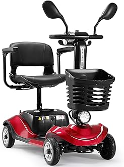 4 Wheel Compact Heavy Mobility with Lights, Battery Powered Electric Mobility Scooter, Electric Transportation Wheelchair, Basket, Extended Battery (Red, 4 Wheel - Compact and Exquisite)