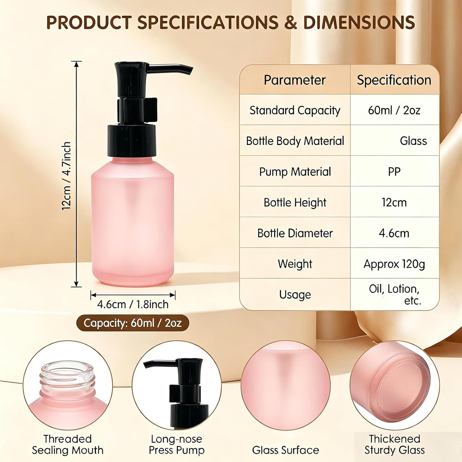 2 Pcs 2oz/60ml Pink Frosted Glass Lotion Pump Bottles