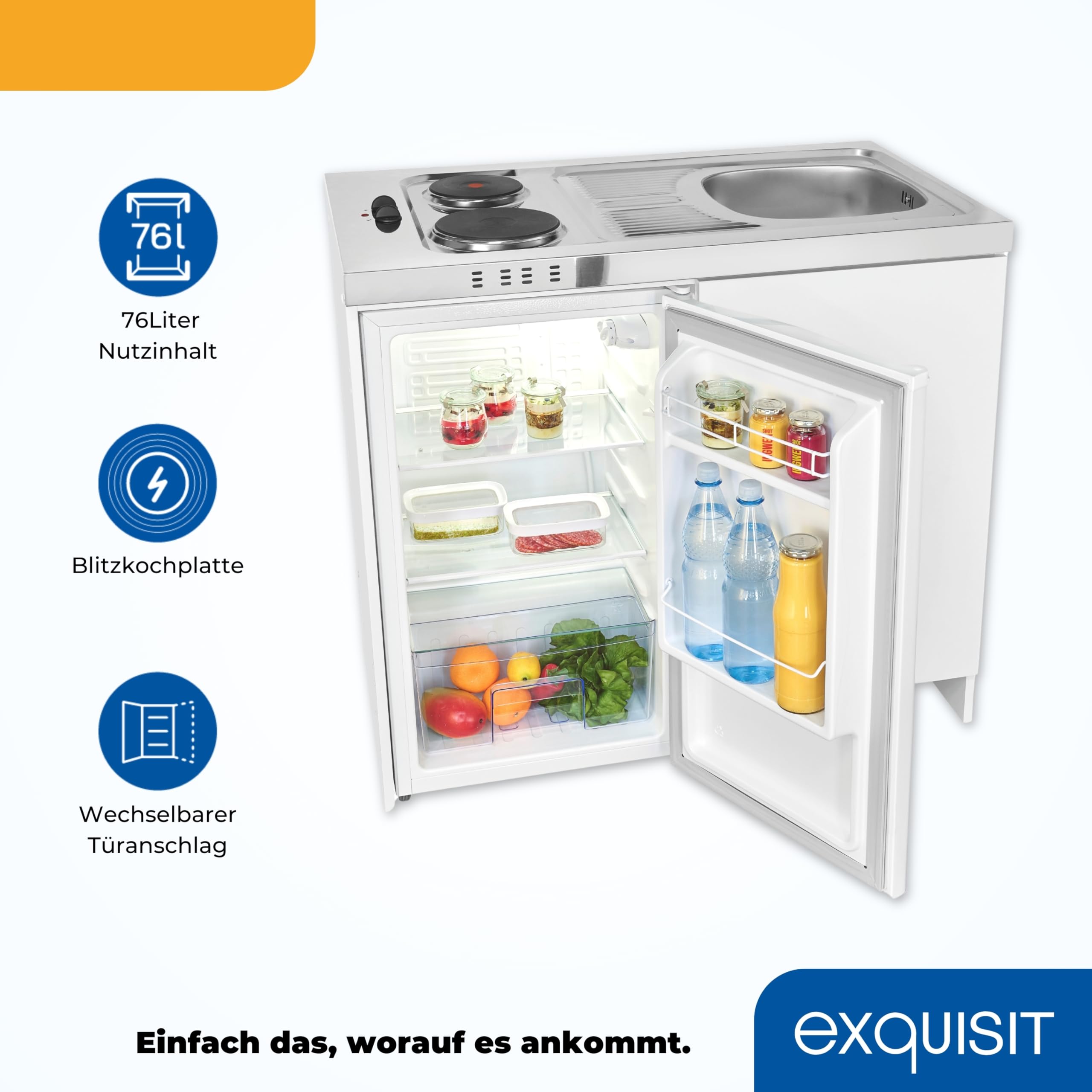 Exquisit Mini-Küche Pantry KK1085 weiss Kühlschrank 76 l Nutzinhalt Kochfeld Edelstahl-Spüle Spülschrank