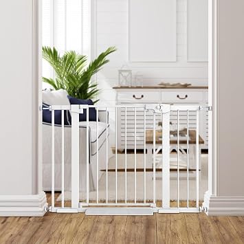 Easy Step Walk-Thru Baby Gate Adjustable Safety Gate for Babies & Pets, Pressure Mount Kit, Includes Wall Cups 29.7-48.8W x 30.5H, Auto-Close White