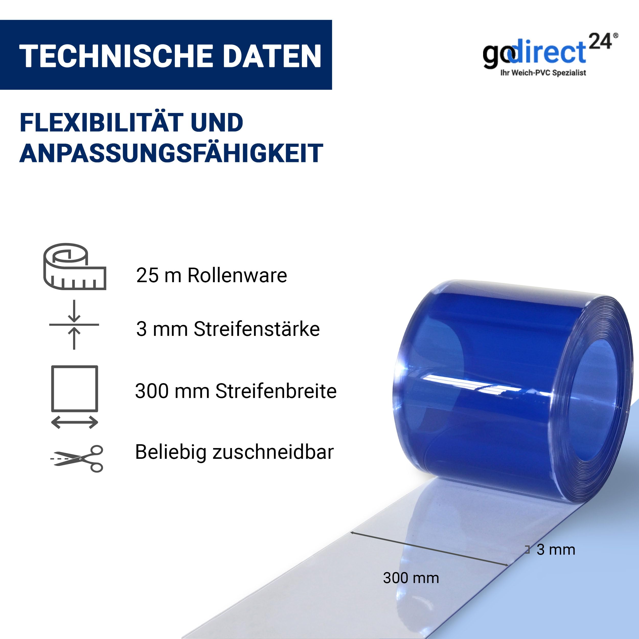 Zettl GmbH tiras de PVC en rollos, 3x300 mm, 25 m, transparentes, para uso industrial, agrícola y gastronómico, como láminas de repuesto