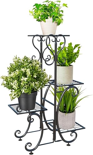 Soporte para plantas de 4 niveles para interiores y exteriores, estante de metal para macetas, estantes de exhibición de macetas de hierro forjado,