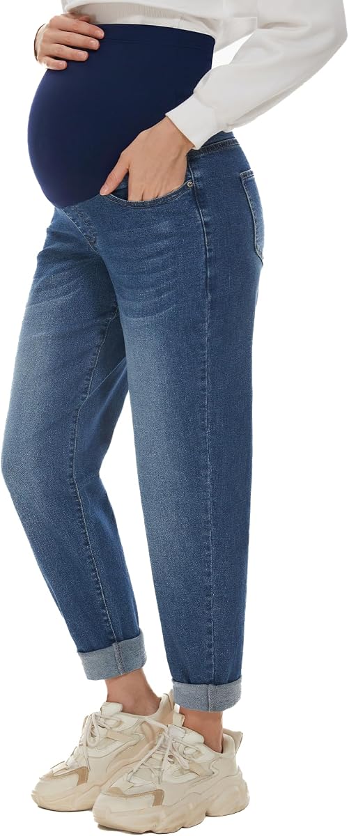 POSHGLAM Pantalones vaqueros de maternidad para mujer, elásticos, cómodos, sueltos, casuales, con bolsillos, S-XXL