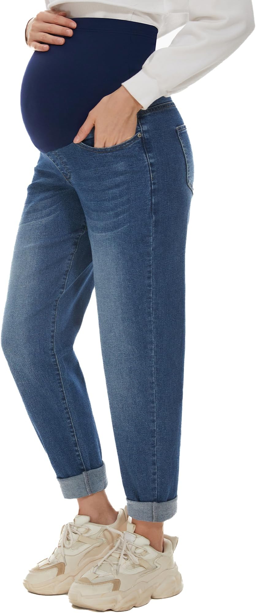 POSHGLAM Women's Maternity Jeans Over Belly Comfy Stretch 28'' Boyfriend Jeans Loose Pregnancy Pants, S-XXL