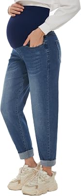 POSHGLAM Women's Maternity Boyfriend Jeans Over Belly Stretch Comfy Loose Casual Denim Pants with Pockets, S-XXL