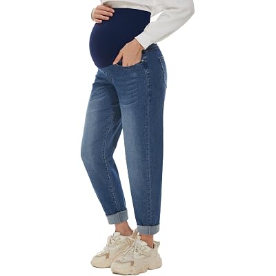 POSHGLAM Women's Maternity Boyfriend Jeans Over Belly Stretch Comfy Loose Casual Denim Pants with Pockets for Everyday Wear