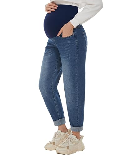POSHGLAM Women's Maternity Boyfriend Jeans Over Belly Stretch Comfy Loose