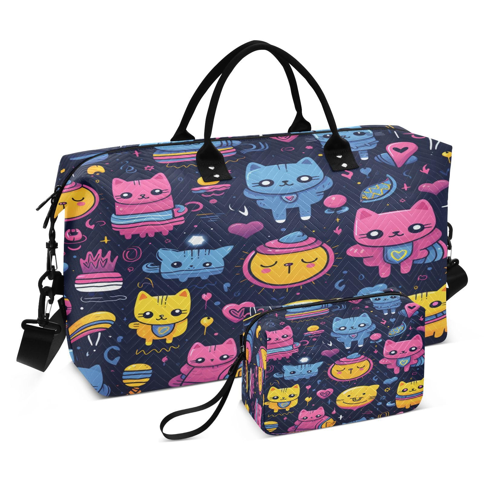 Space Doodles Cats Sports Swim Gym Bag Weekender Duffel Travel Bags Handbag with Makeup Storage Bag for Girls Men