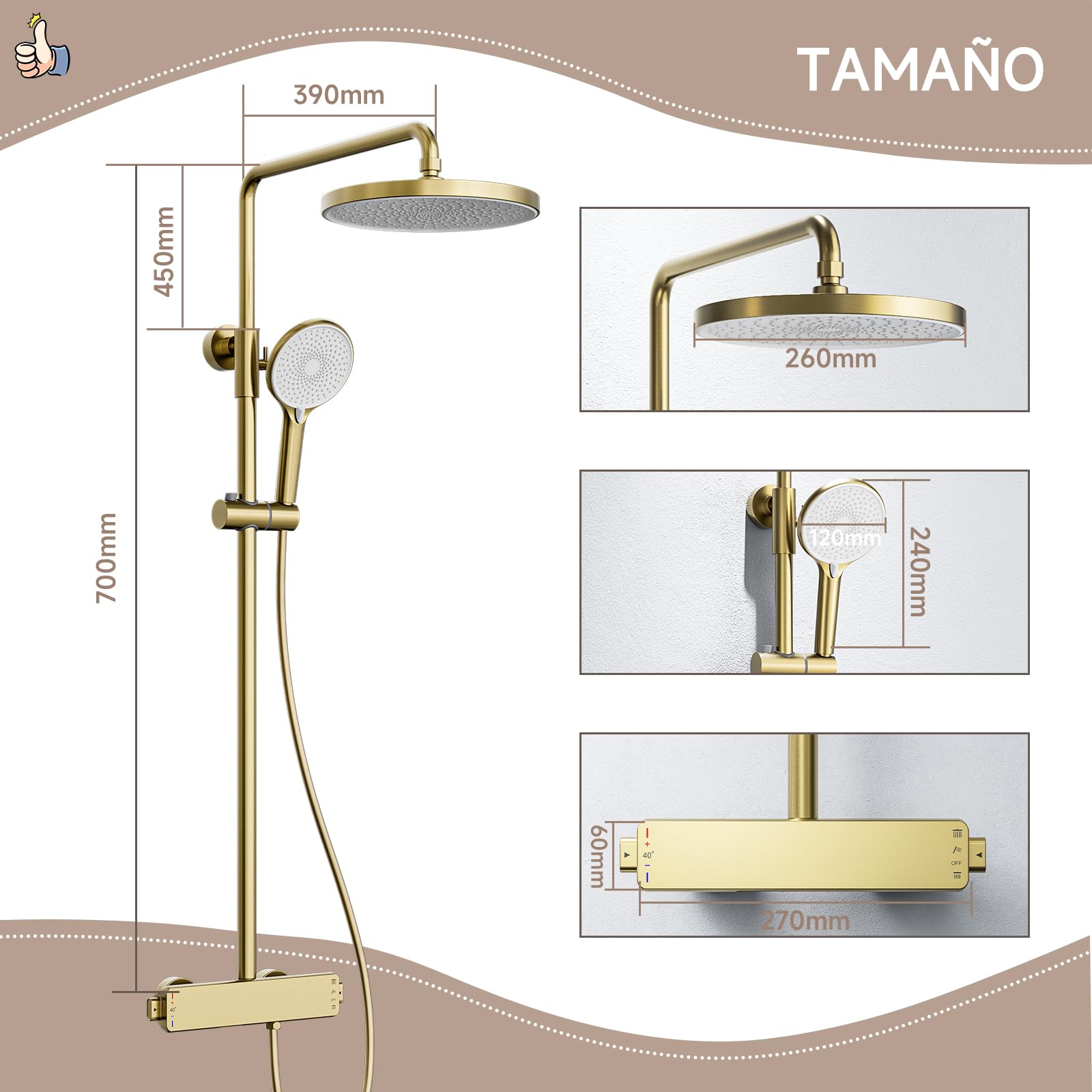 Columna ducha,Sistema de ducha retro de oro cepillado,Columna de ducha termostática,3 funciones Juego de ducha de pared,Con 260mm rociador redondo,Grifo de bañera,Ducha de mano de 3 modos