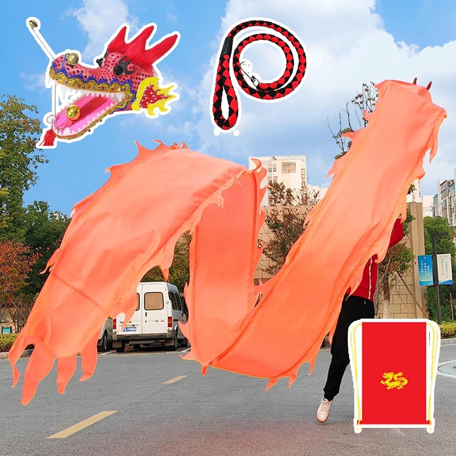 Drapeau de la danse du dragon en soie orange 10m de haute résistance