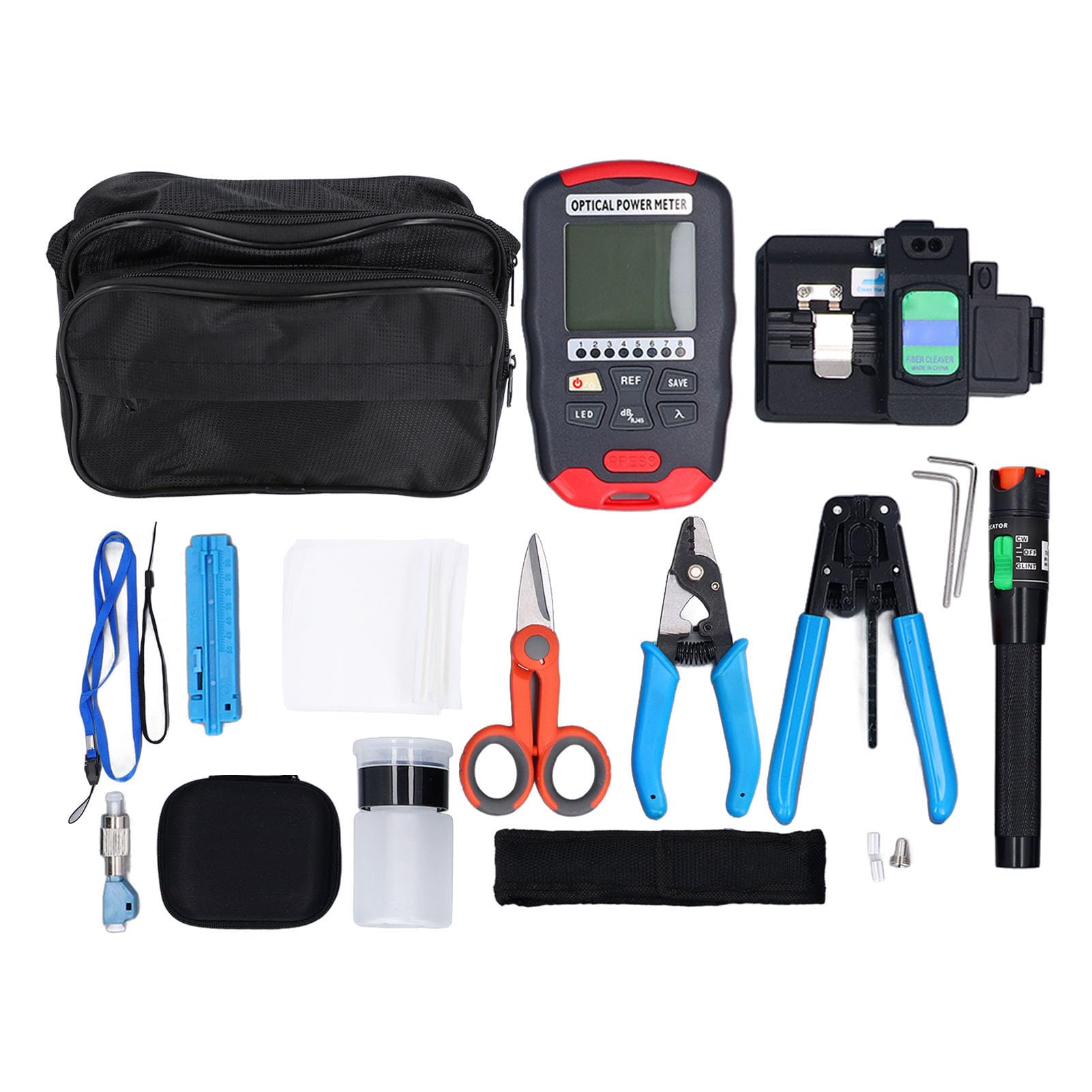 Outils de Fibre Optique – Ensemble D'outils de Soudage à Froid pour Câble FTTH 18 en 1 avec Couperet de Fibre Optique et Localisateur Visuel de Défauts VFL 30 Km avec Couperet de