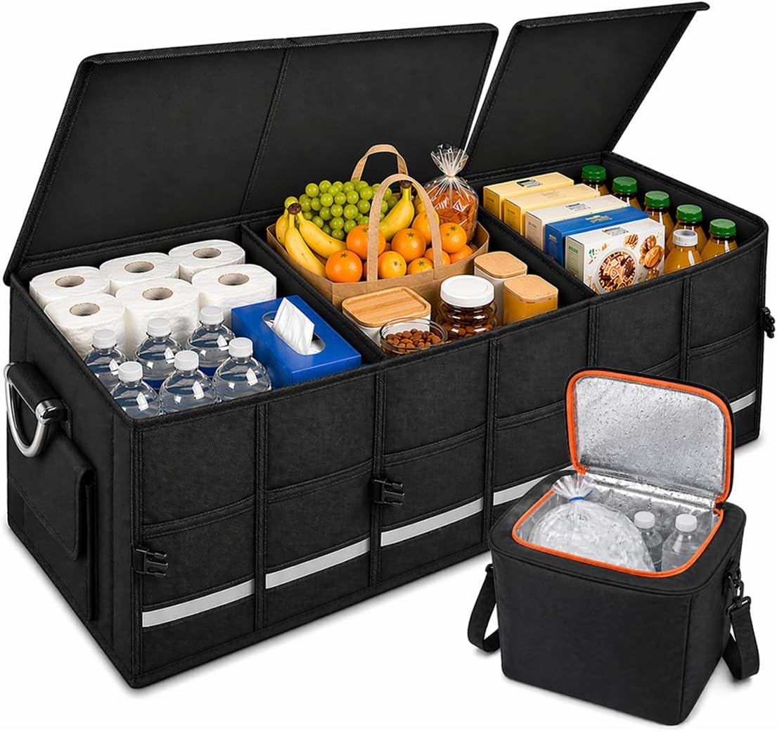 Car Trunk Organizer for SUV, 112L with Cooler Bag, Lid and Dividers | Grocery and Road Trip Storage; Customizable Compartments; Reinforced Structure; Non-Slip Base; Easy Carry; Fold-Flat Storage