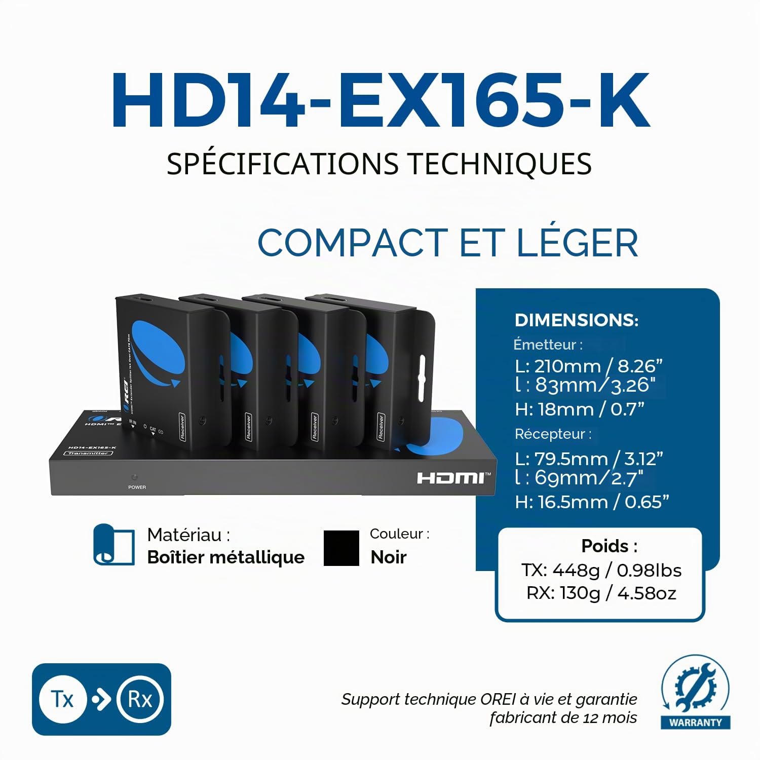 OREI Répartiteur HDMI 1 x 4 Multiple sur Un Seul câble CAT6/7 1080p avec Gestion EDID à Distance Infrarouge – jusqu'à 50 m – Boucle – Faible Latence – Support Complet