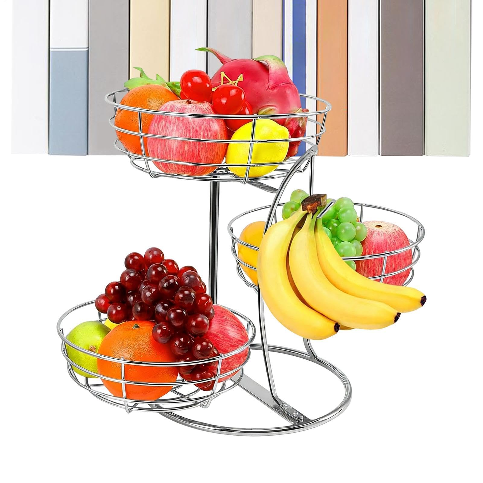 Contenitore per Frutta da Bancone a 3 livelli antiruggine con gancio | Espositori per frutta da piano di lavoro cucina Per Dispensa Casa Appartamento Festa Patate Cipolle Pane Snack