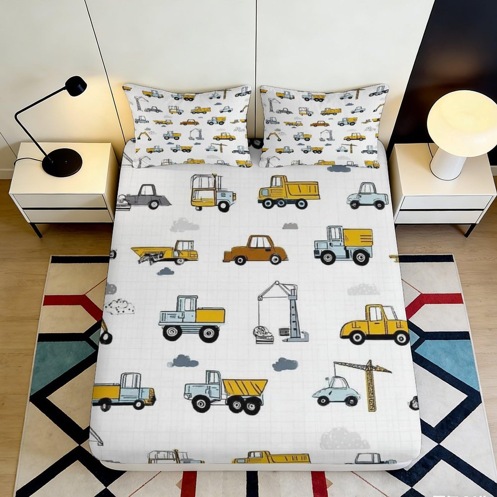 3D Printed Construction Truck Fitted Sheet Microfiber Soft Breathable Excavator Mattress Cover for Bedroom Dorm Decor 90x200x25cm