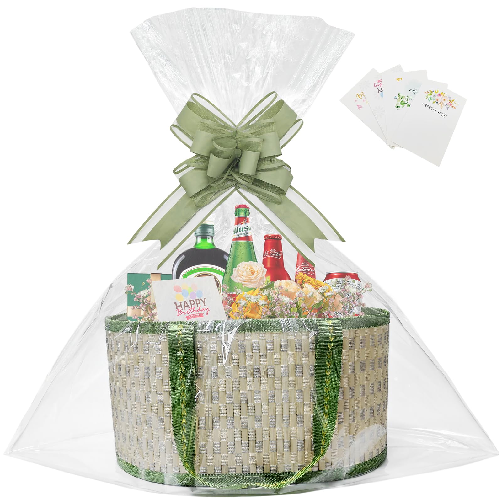 1Pcs Empty Hamper Basket Gift Baskets Empty Woven Bamboo Gift Basket with 2 Bags,2 Pull Bows and Shredded Paper Hamper Baskets for Baby Shower,Birthday,Housewarming（30x20x16cm）