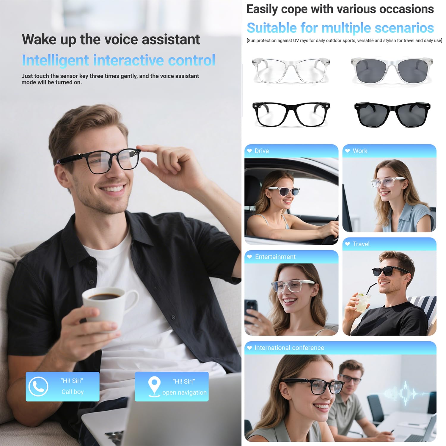 LONGLU Lunettes intelligentes – Traduction IA en temps réel via application, appels Bluetooth 5.4/musique, contrôle tactile léger, lumière bleue et protection UV (monture noire – lentille grise)