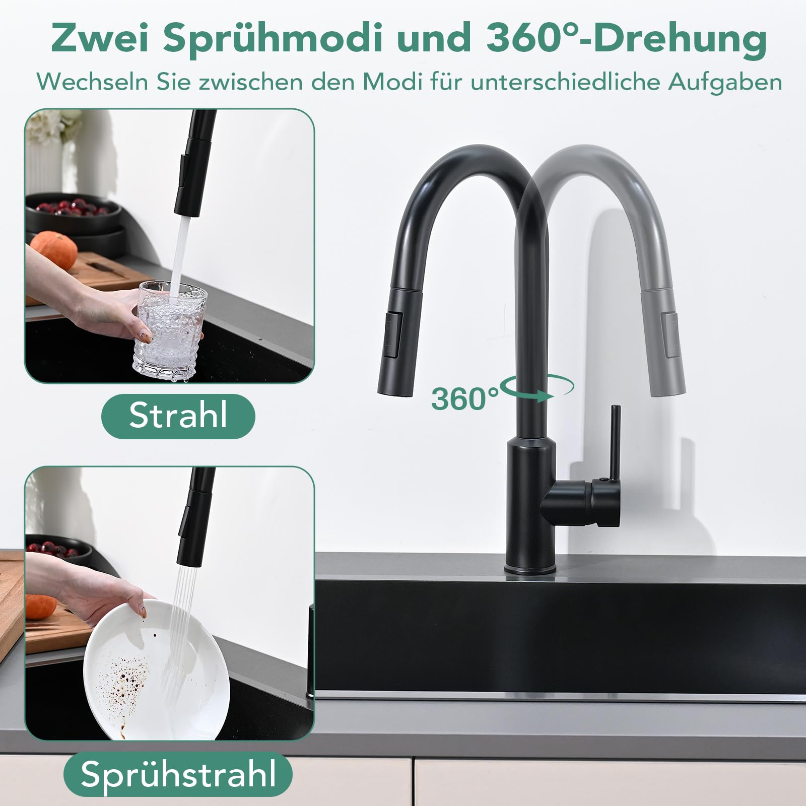 Wasserhahn Küche, Hochdruck Küchenarmatur mit ausziehbarer Brause Spültischarmatur, ausziehbarer Wasserhahn, 360° schwenkbar zwei Brausefunktionen Edelstahl schwarz