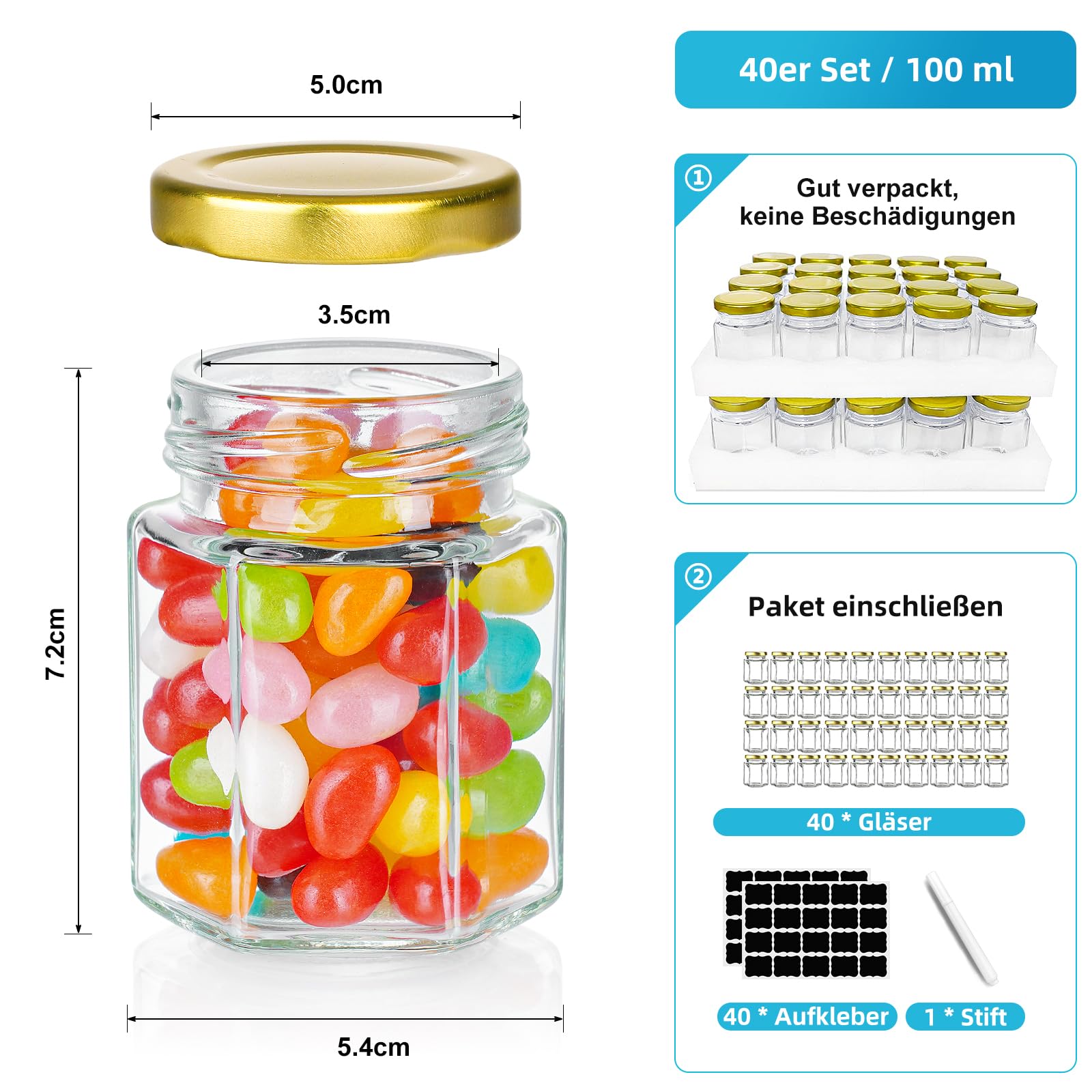 Absovetu Marmeladengläser 100 ml, Einmachgläser mit Schraubdeckel, 40 Stück