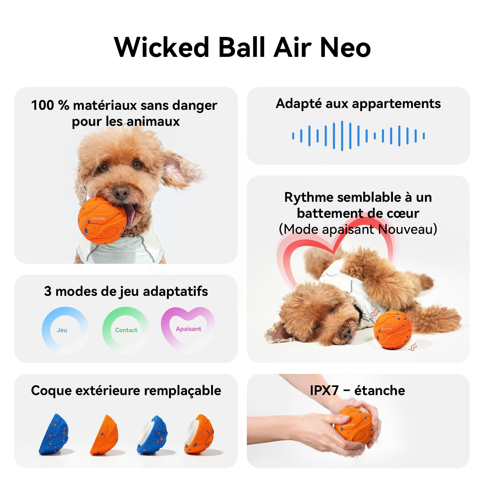 Cheerble Wicked Ball Air Neo – Le Ballon interactif Qui Calme Votre Chien avec Mode apaisant imitant Les battements de cœur, Auto-Rotatif, E-TPU, IPX7 étanche, pour Petites et Grandes Races, Orange