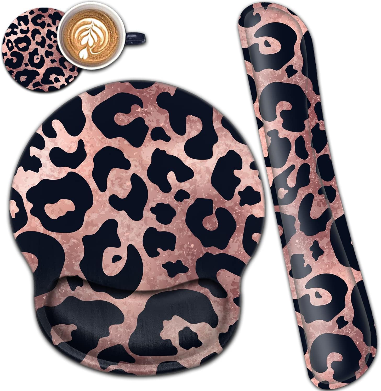 Ergonomic Mouse Pad Gel Wrist Support and Memory Foam Keyboard Wrist Rest Set, for Gaming Computer Office Laptop Easy Typing Wireless Mouse Mat, Black Leopard Rose Pink Pattern Office Desk Pad