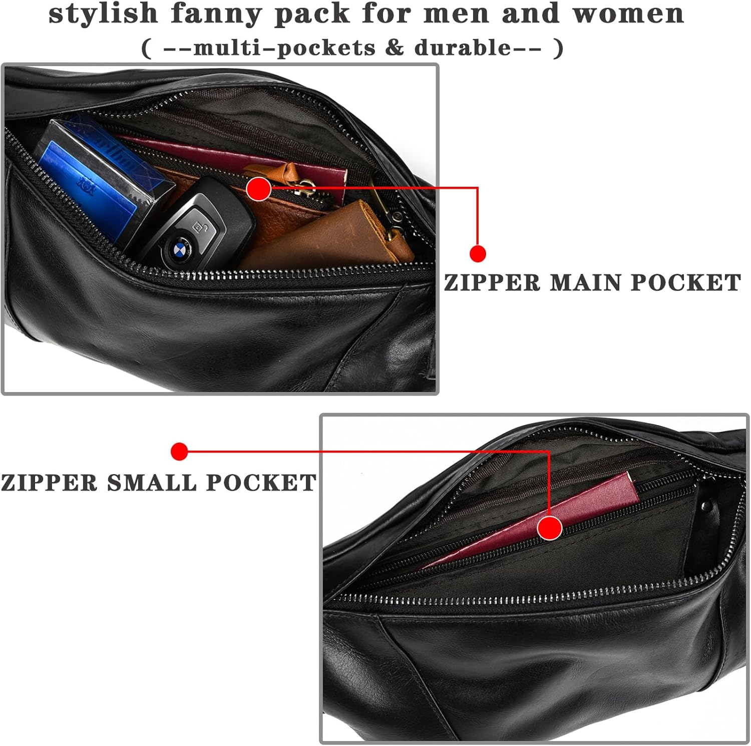 Genuine Leather Slim Waist Pack for Man & Woman, Vintage Design & 4 Zipper Pockets & Adjustable Strap, Large Capacity Fanny Pack Crossbody Belt Bag for Travel or Ride, 1034 Black - Image 4