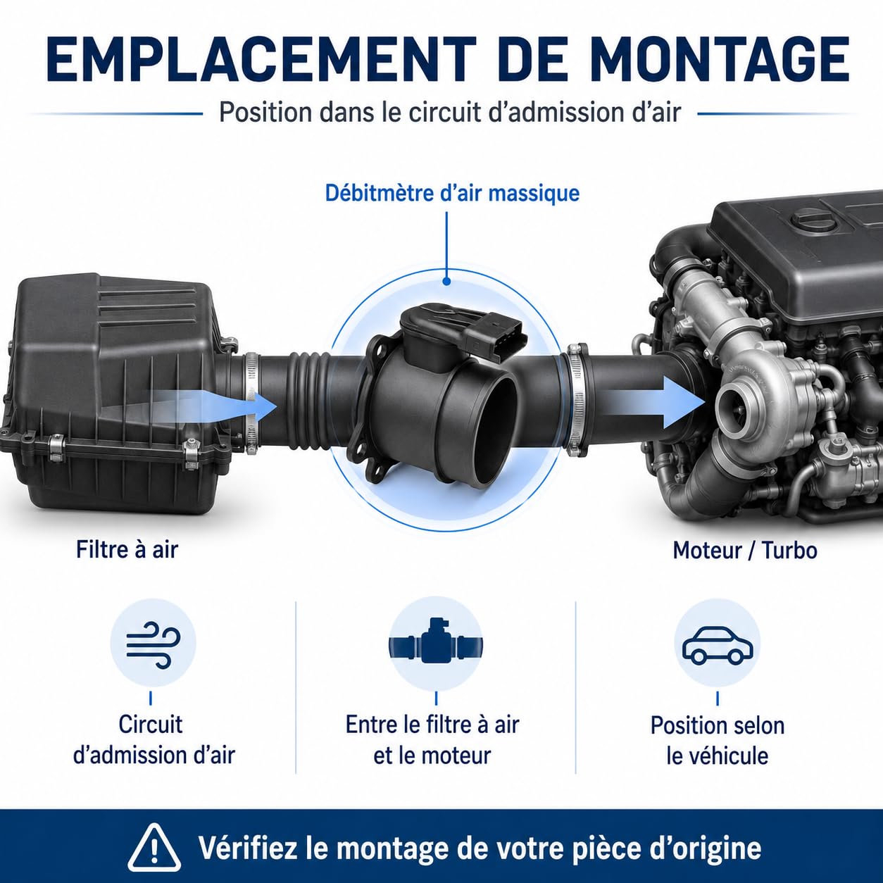 Débitmètre d’air massique MAF compatible avec Citroën Peugeot Ford Volvo Fiat 1.6 HDi TDCi D MZ-CD, Berlingo C3 C4 C5 206 207 307 308 407 C-Max Focus C30 S40 V50, 5 broches, 1920GV 1610874680