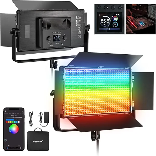 NEEWER 105W RGB LED Panel Video Light Kit with Barn Doors, 1200 LEDs 31500Lux/0.5m 2500K-10000K CRI96+/TLCI97+ Dimmable, APP/2.4G/Panel/DMX Control, Studio Photography Video Recording Lighting, AP100C