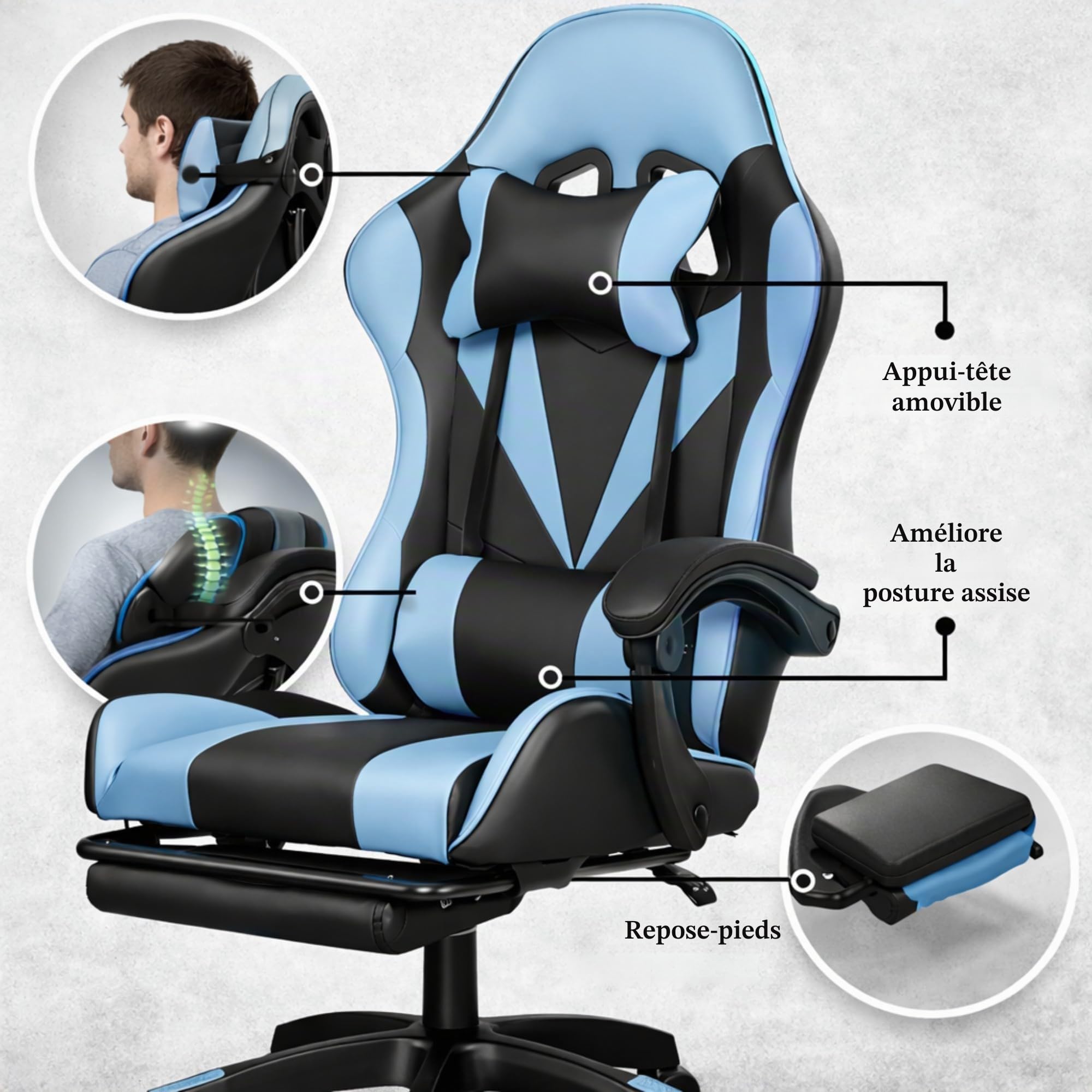 Bayt Fauteuil De Jeu Ergonomique pour La Maison - Fauteuil De Bureau À Dossier Haut avec Soutien Lombaire | Fauteuils D'Ordinateur en Similicuir pour Adultes Et Adolescents - Bleu Et Noir
