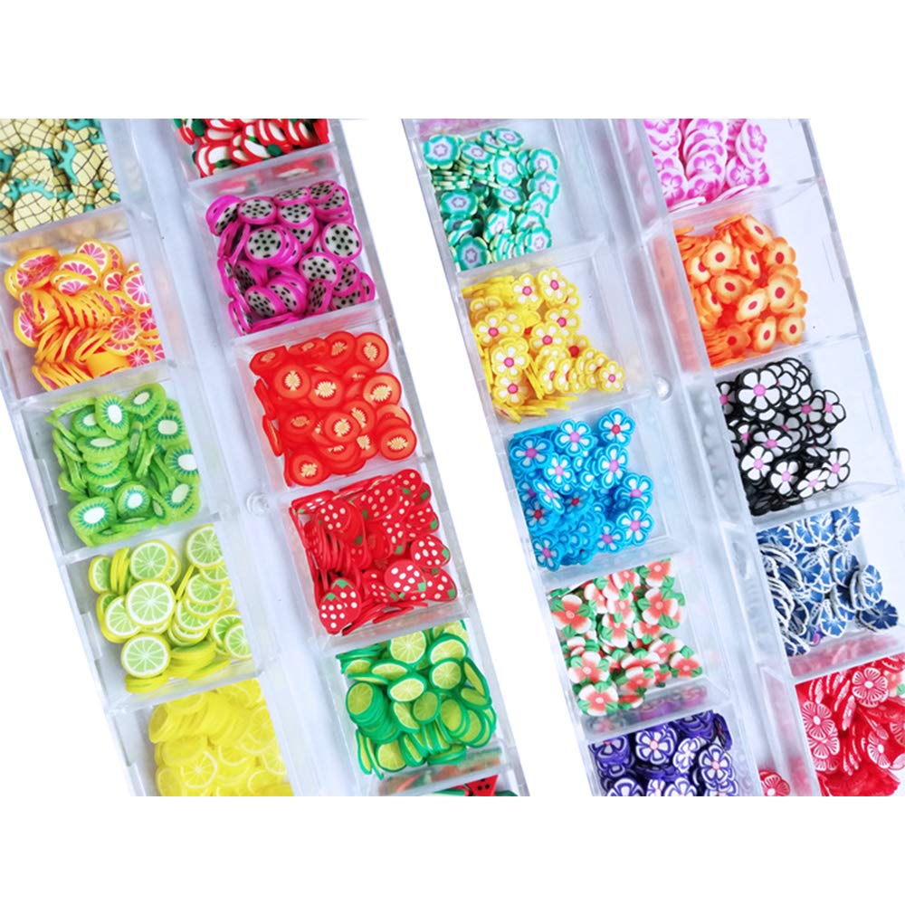 24 boîtes 3D Mignonne Ongles Fruits Tranches, Kalolary Clou de Art Canne de Bâton Tranches pour Polymere Autocollants à Ongles Conseils Décorations