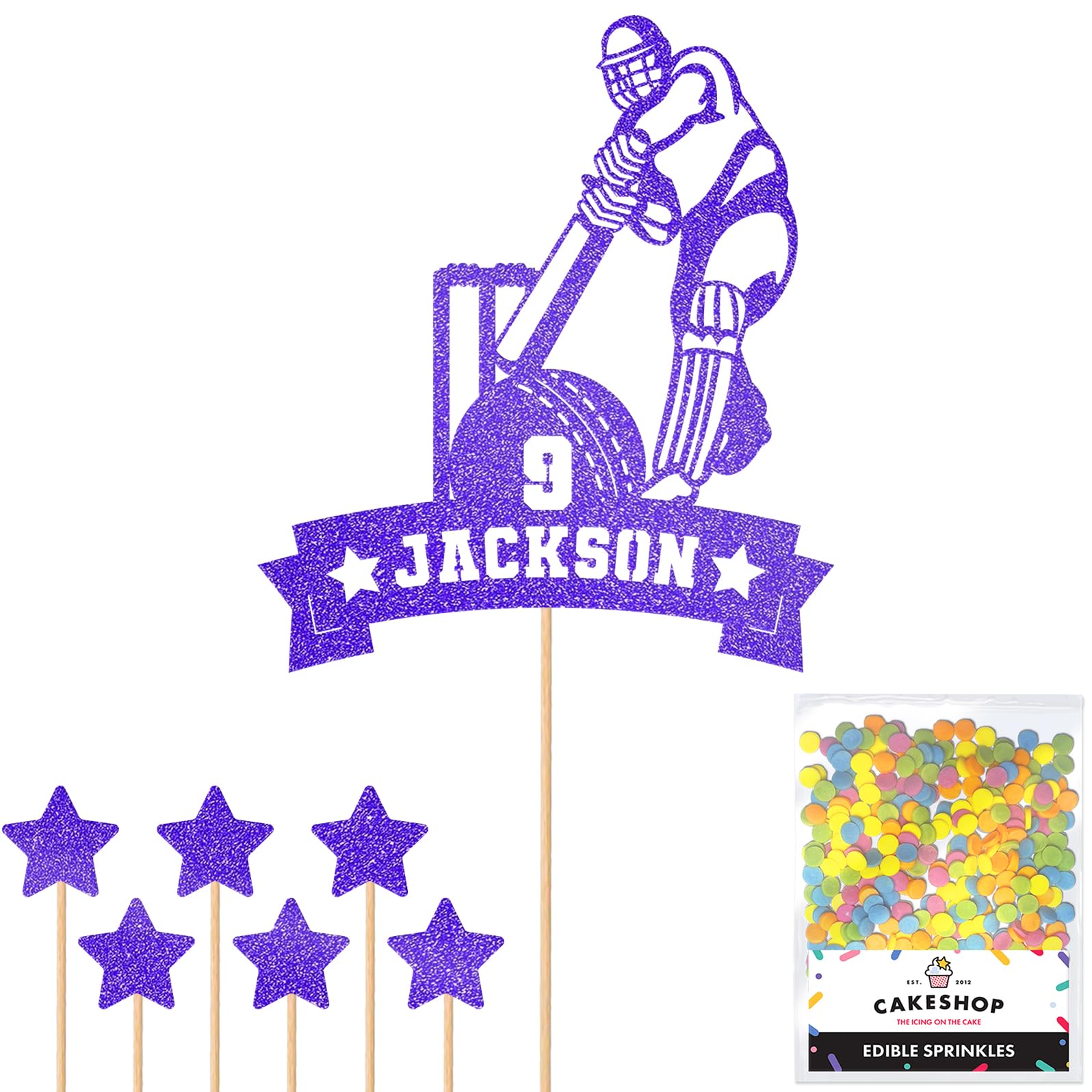 Personalised Cricket Wicket and Bat Glitter Cake Topper - Blue Any Custom Age & Name Glitter Cake Decoration and Sprinkles - Happy Birthday Decorations - Personalised Toppers for Cakes by Cakeshop