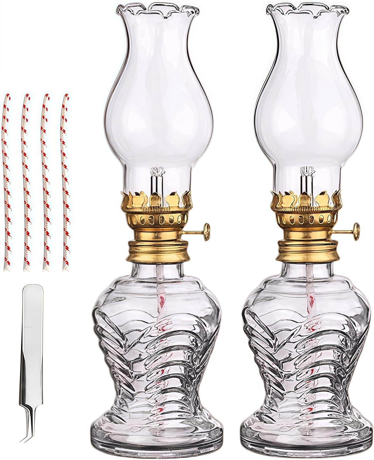 Oil Lamps for Indoors UK, Clear Kerosene Lamp Lantern, 2 Sets Classic with Glass Lampshade and 4 Cotton Wick, Vintage Chamber Lamp, Emergency Lighting Indoor Outdoor, ‎assorted Color (SB-122)