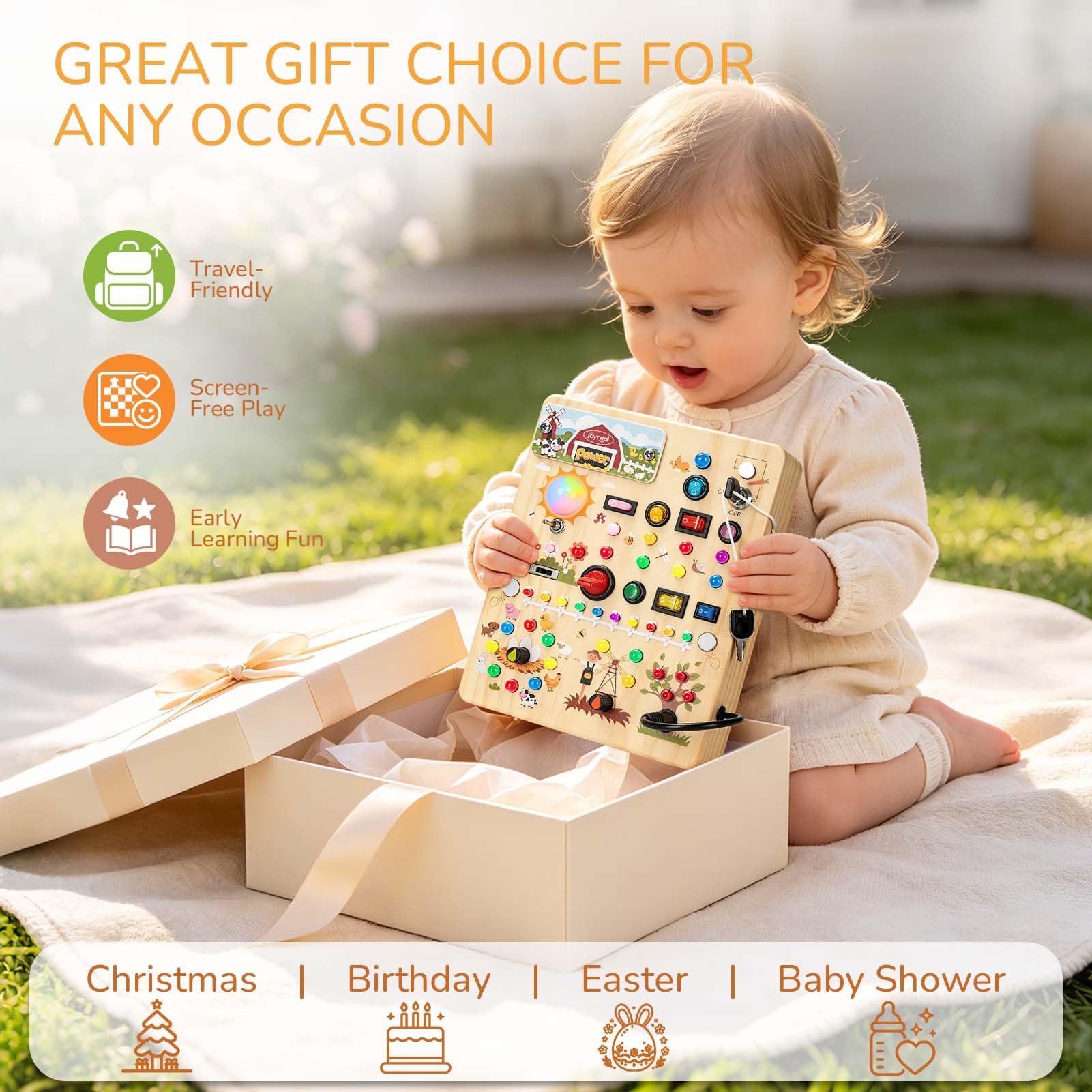 Joyreal Busy Board Giochi Bambini 1 Anno, Tavola attività Montessori in Legno con 39 Luci LED E 17 Interruttori, Gioco Sensoriale Educativo per Bambini, Regalo Bambino 1 2 3 Anni