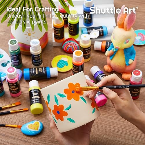 Miniatura 9 de Shuttle Art Pintura acrílica de 100 colores, botellas de 2 onzas, incluye 2 juegos de 12 pinceles de pintura, 1 esponja de arte y paleta, premium