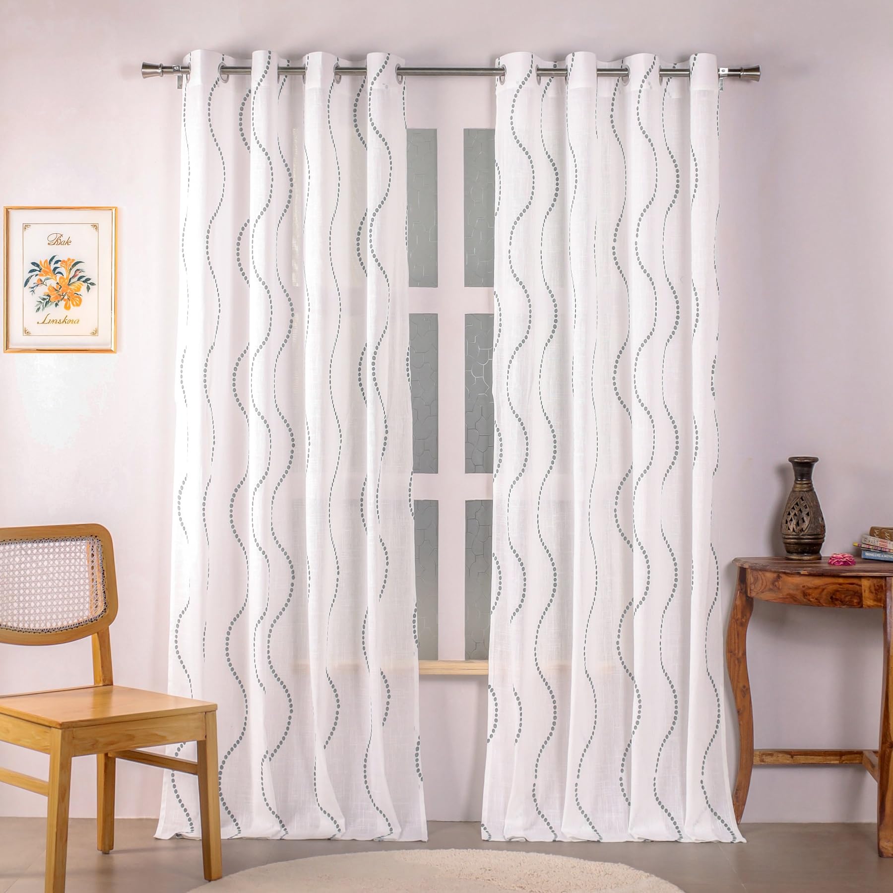 HOMEMONDE Sheer Long Door 8 Feet Curtains Set of 2- Printed Sheer Light Filtering Curtain with Eyelets - (96 Inches, Wave Grey)