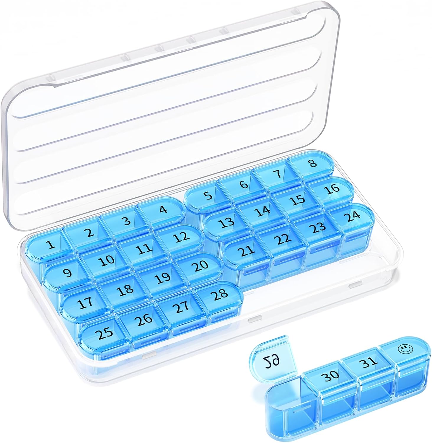 Colorwing 31-Day Premium Monthly Pill Organizer, 4 Weeks Travel Medicine Organizer with 32 Compartments for Daily/Month, 30 Day Pill Box Organizer, Portable Travel Pill Cases（Blue）
