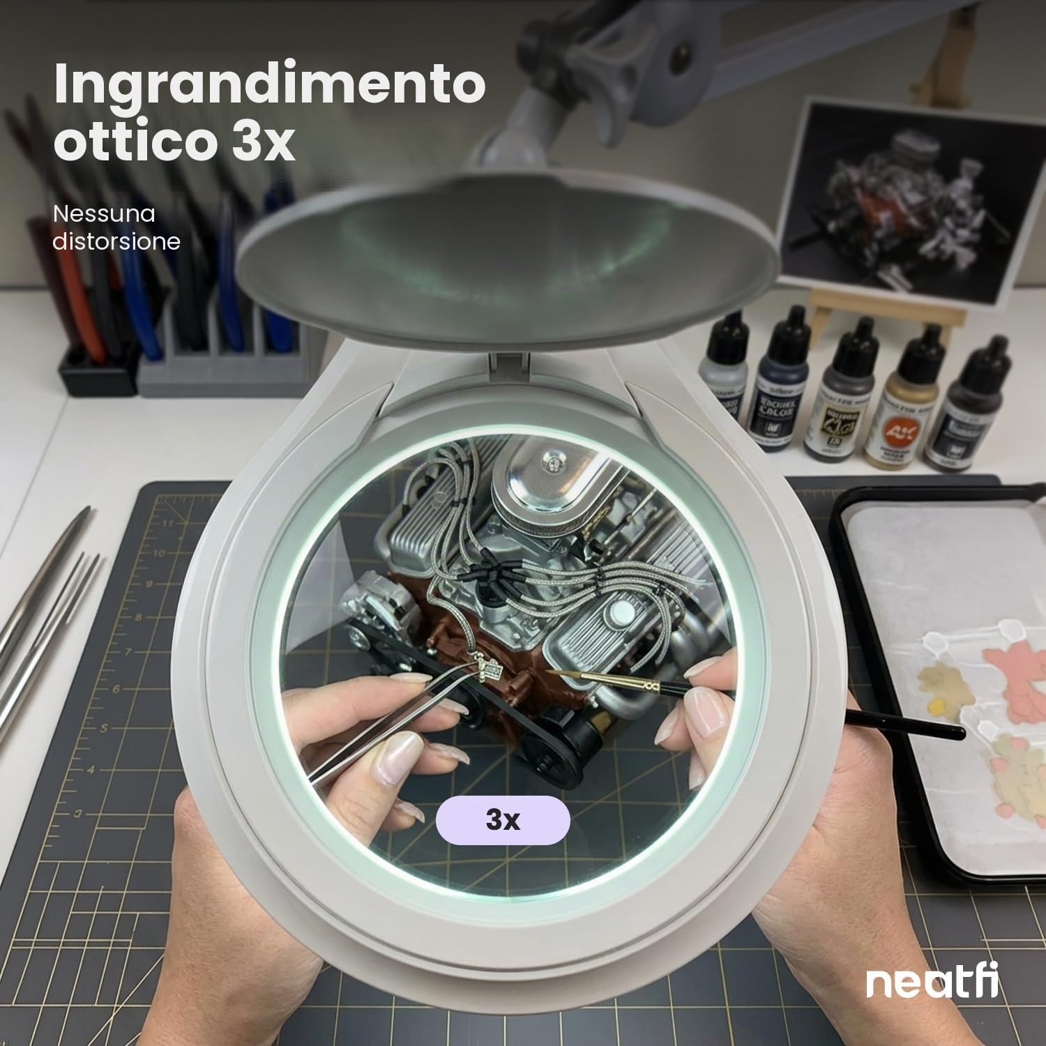 Neatfi (Nuovo Modello) 1.200 lumen Super LED lampada con morsetto, dimmerabile, lente da 13 cm, 60 LED SMD, braccio regolabile (Bianco, 8 Diottrie)