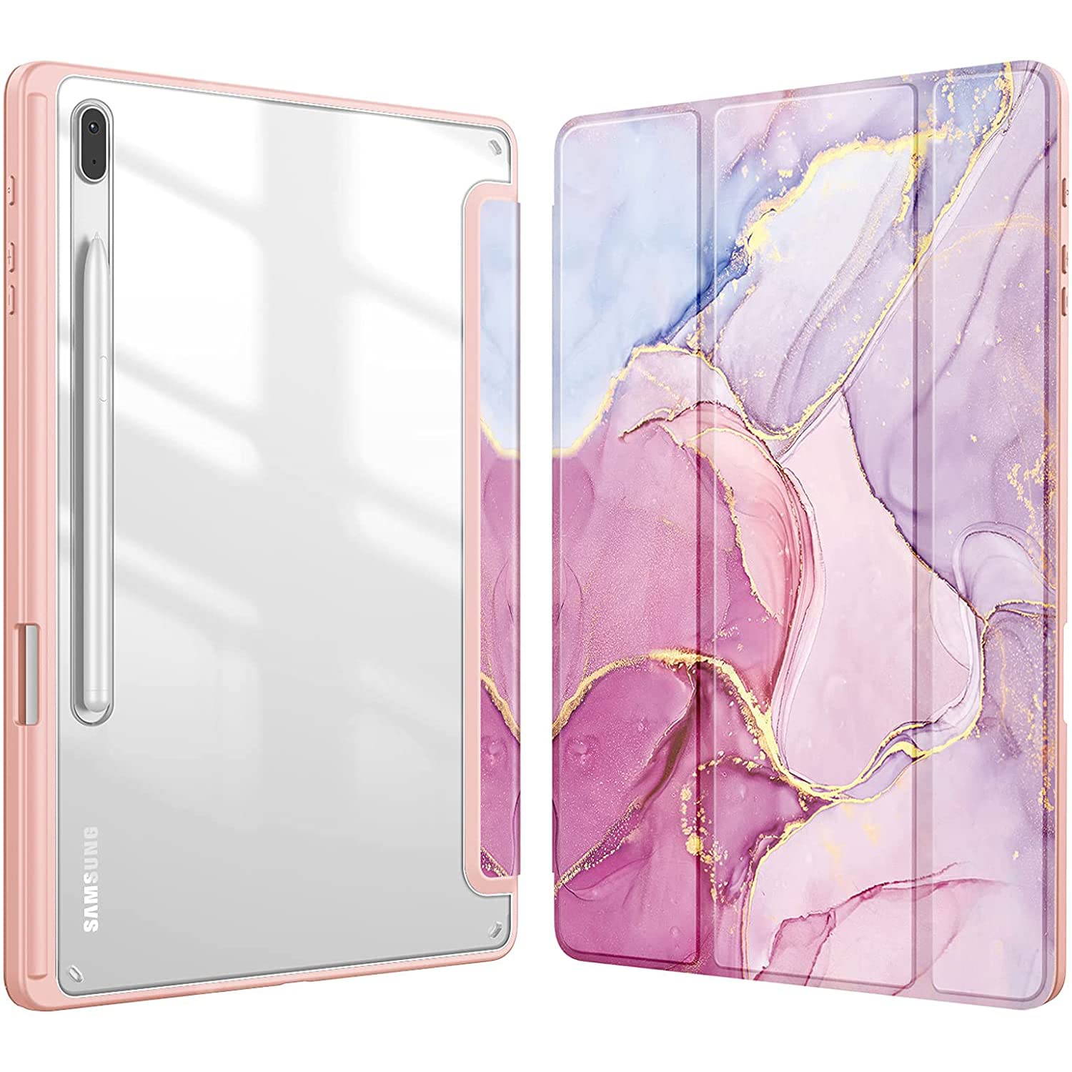 SwooK Hybrid Case for Samsung Galaxy Tab S8 Plus 2022 / S7 FE 2021/ S7 Plus 2020 12.4 inch with S Pen Holder Shockproof Clear Back Shell Auto Wake/Sleep Flip Cover Case (Glittering Marble)