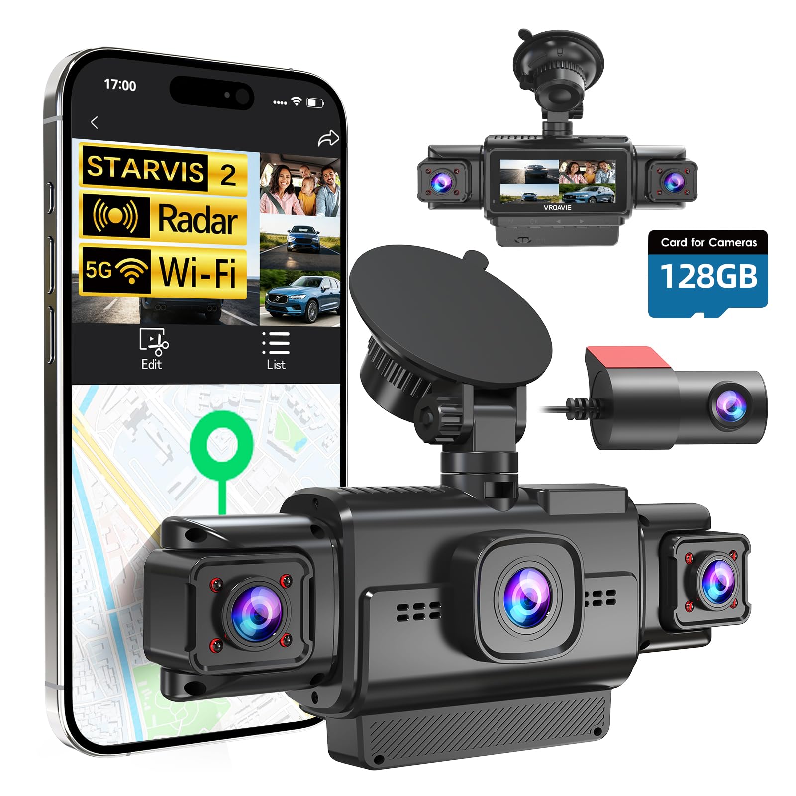 Dash Cam Front and Rear 4-Channel 360 Coverage Car Dash Camera with STARVIS 2 Night Vision GPS 5
