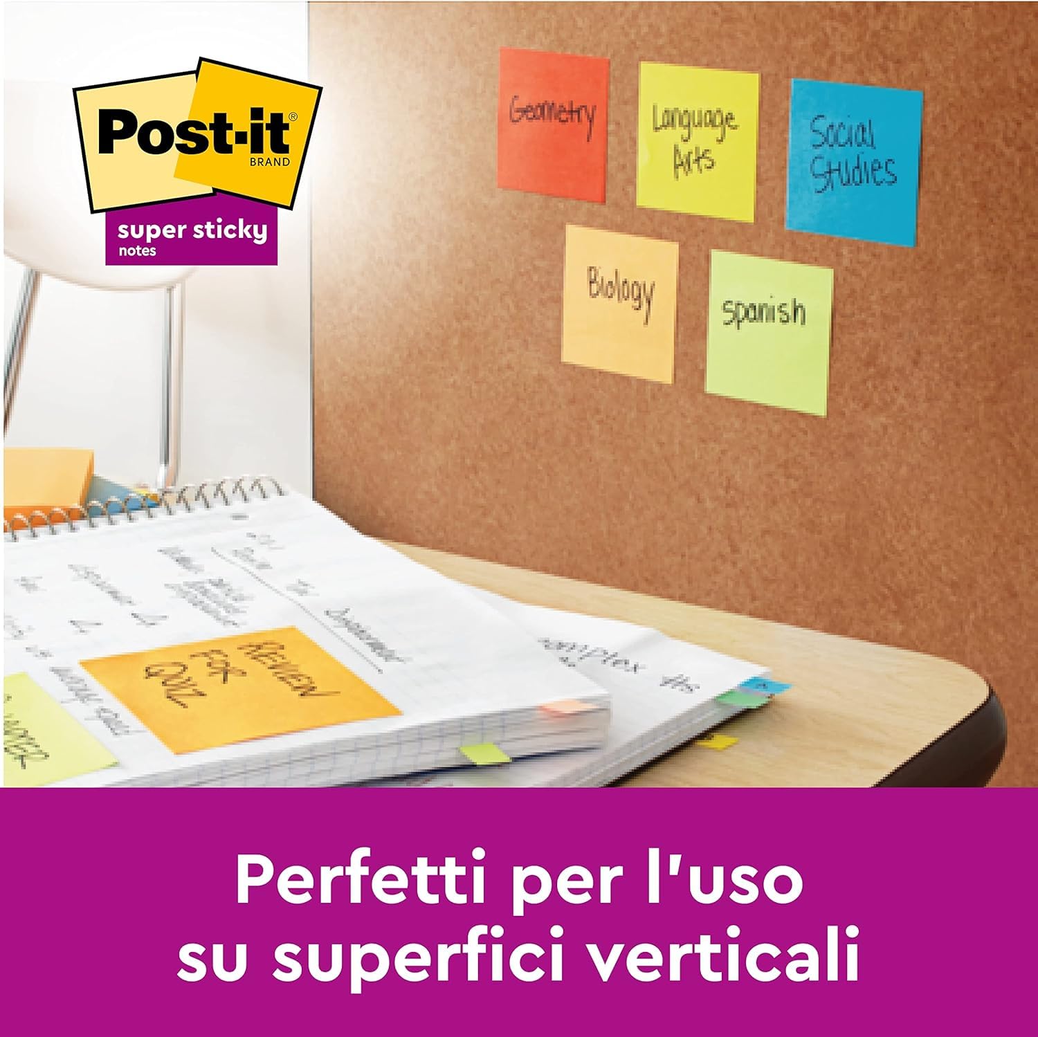 Post-it Super Sticky Foglietti Playful, 12 blocchetti 90 fogli, 47,6 mm x 47,6 mm, Rosso, Arancio, Giallo, Verde, Azzurro, Viola