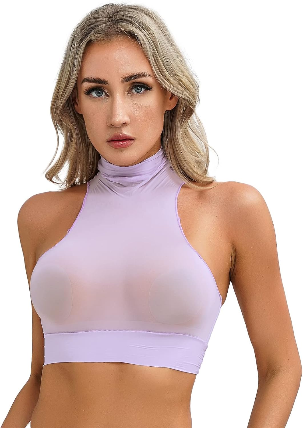 Hularka Women's Mock Neck Sleeveless Sheer Crop Top Solid Color Slim Fit Vest Top Nightwear