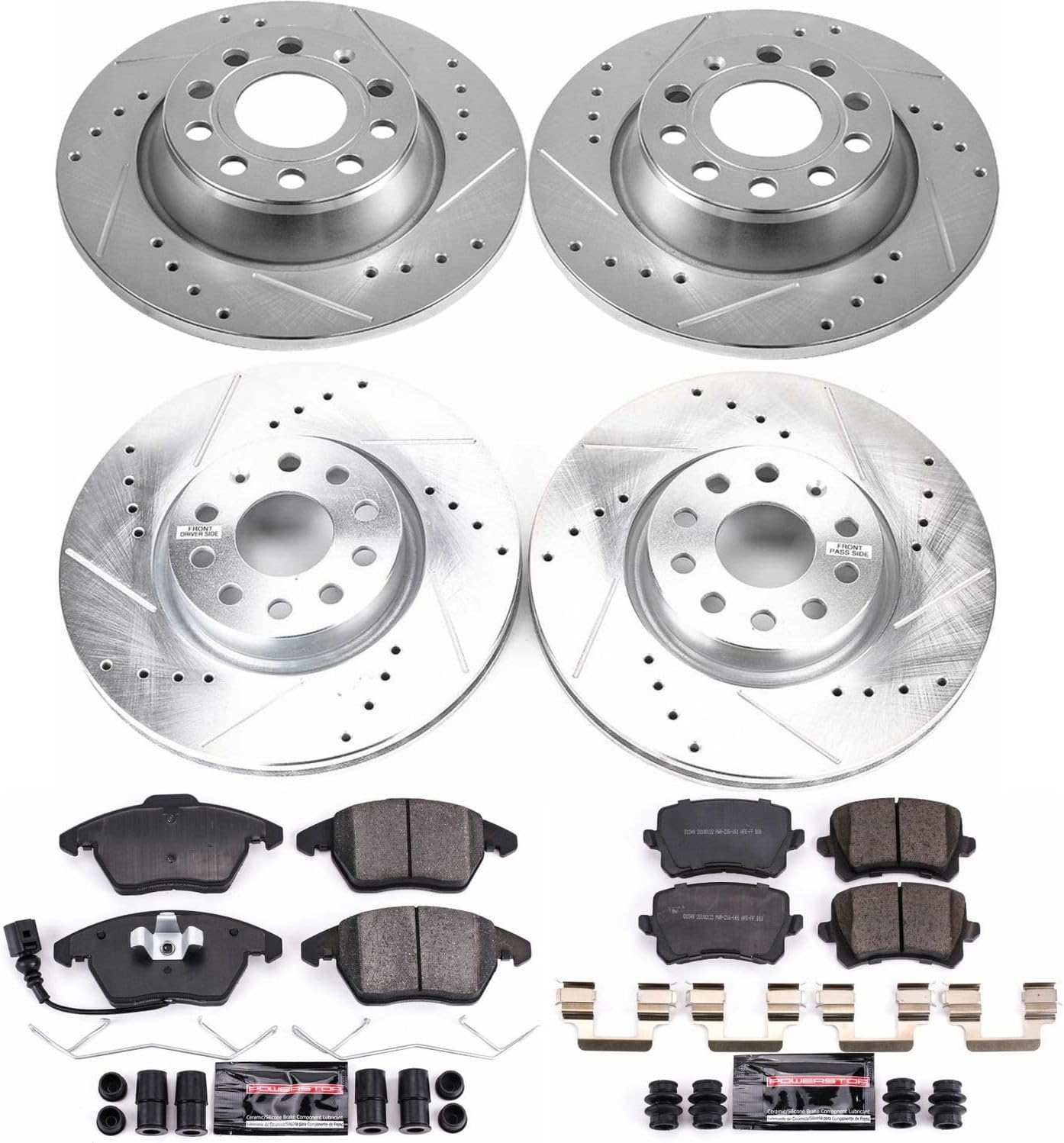 PowerStop Front and Rear Brake Kit For Volkswagen CC 2009-17 - Drilled and Slotted Disc Rotors with Ceramic Brake Pads Replacement, K7836