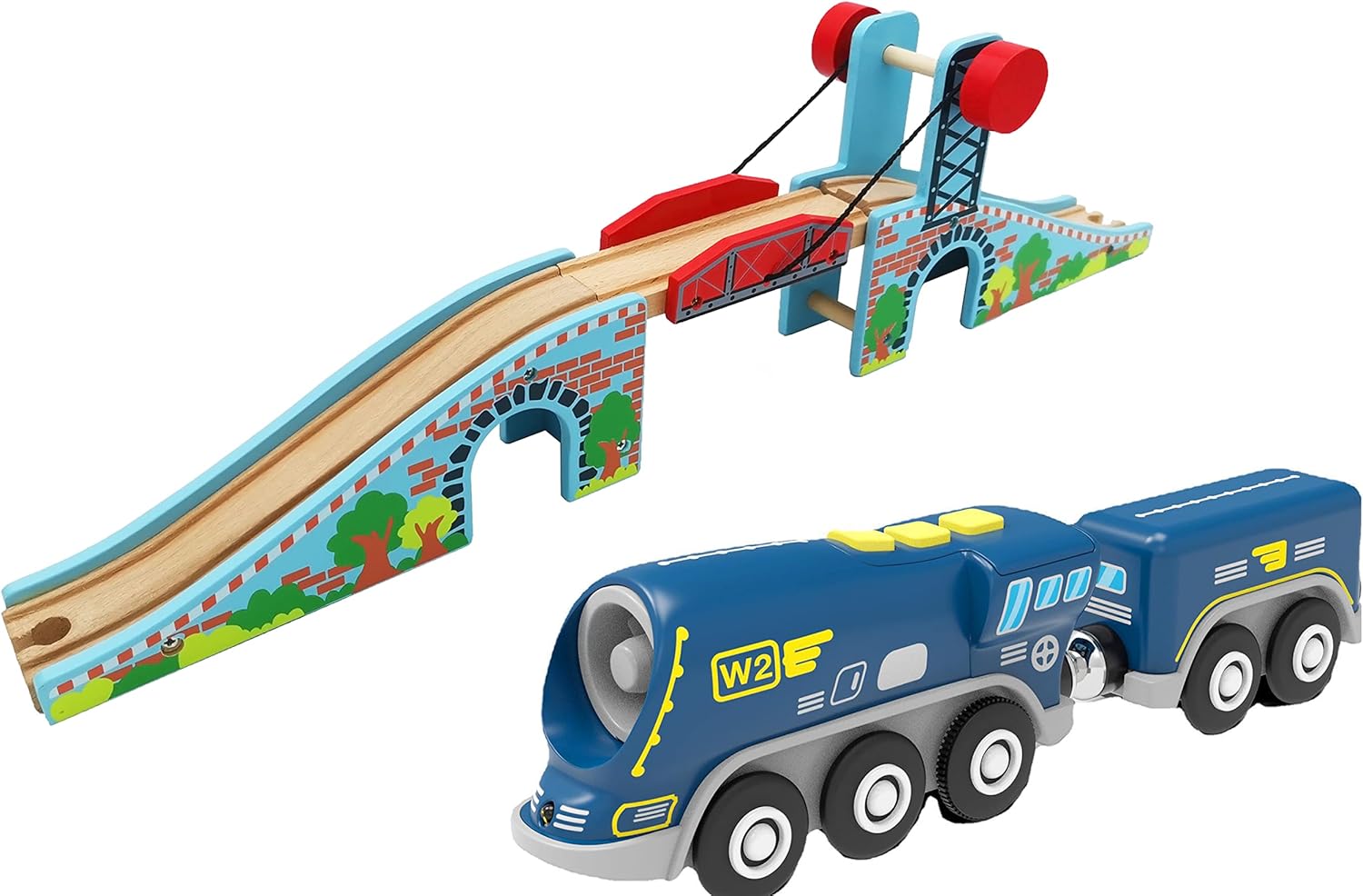 Wooden Train Accessories of Lifting Train Bridge and Battery Operated Locomotive Train for All Brands Wood Track Set