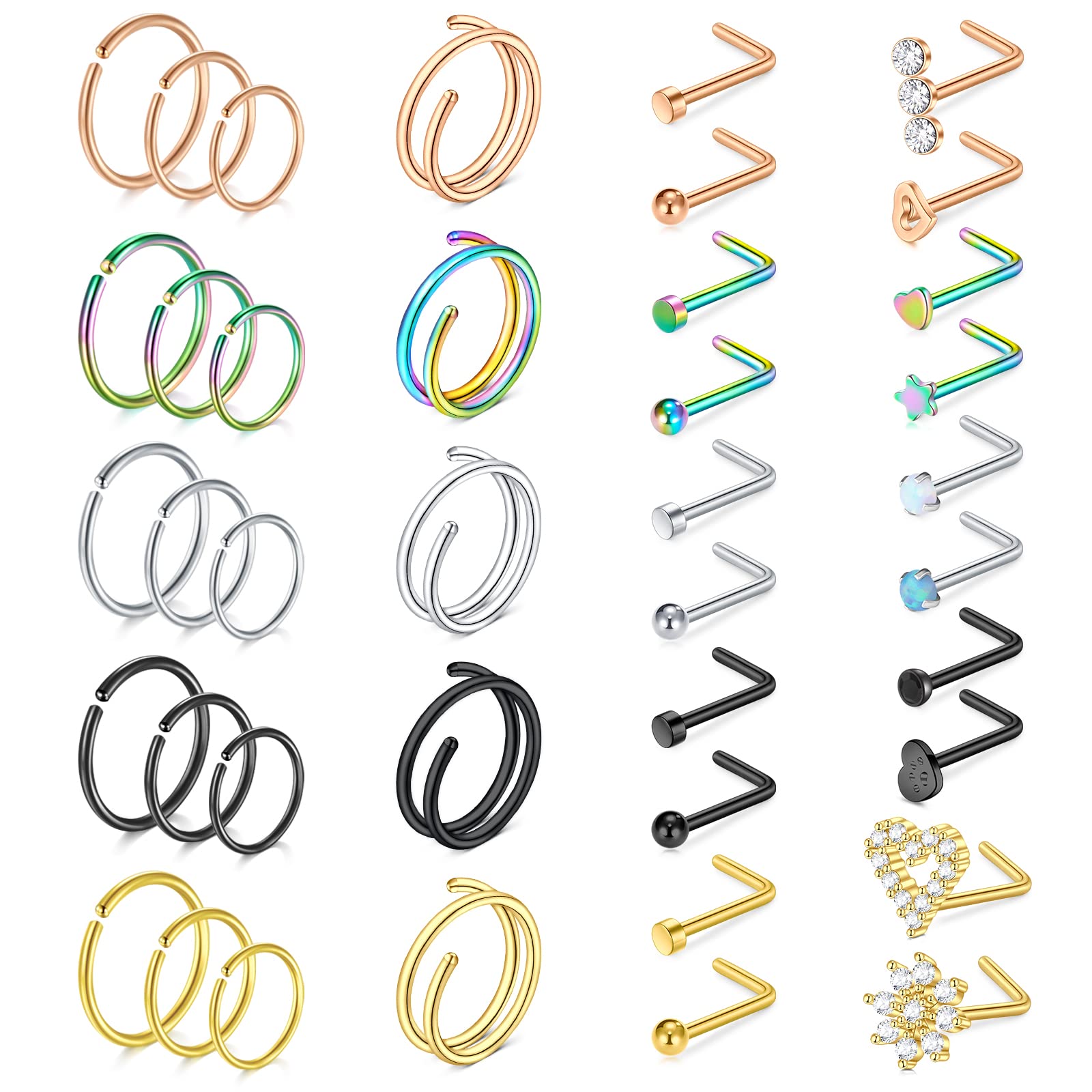 Mayhoop 20g Nose Rings Hoops And Studs For Women Men - Hypoallergenic 316L Surgical Stainless Steel L Shape Nose Screw Bone Silver Rose Gold Black Rainbow Pack 28Pcs