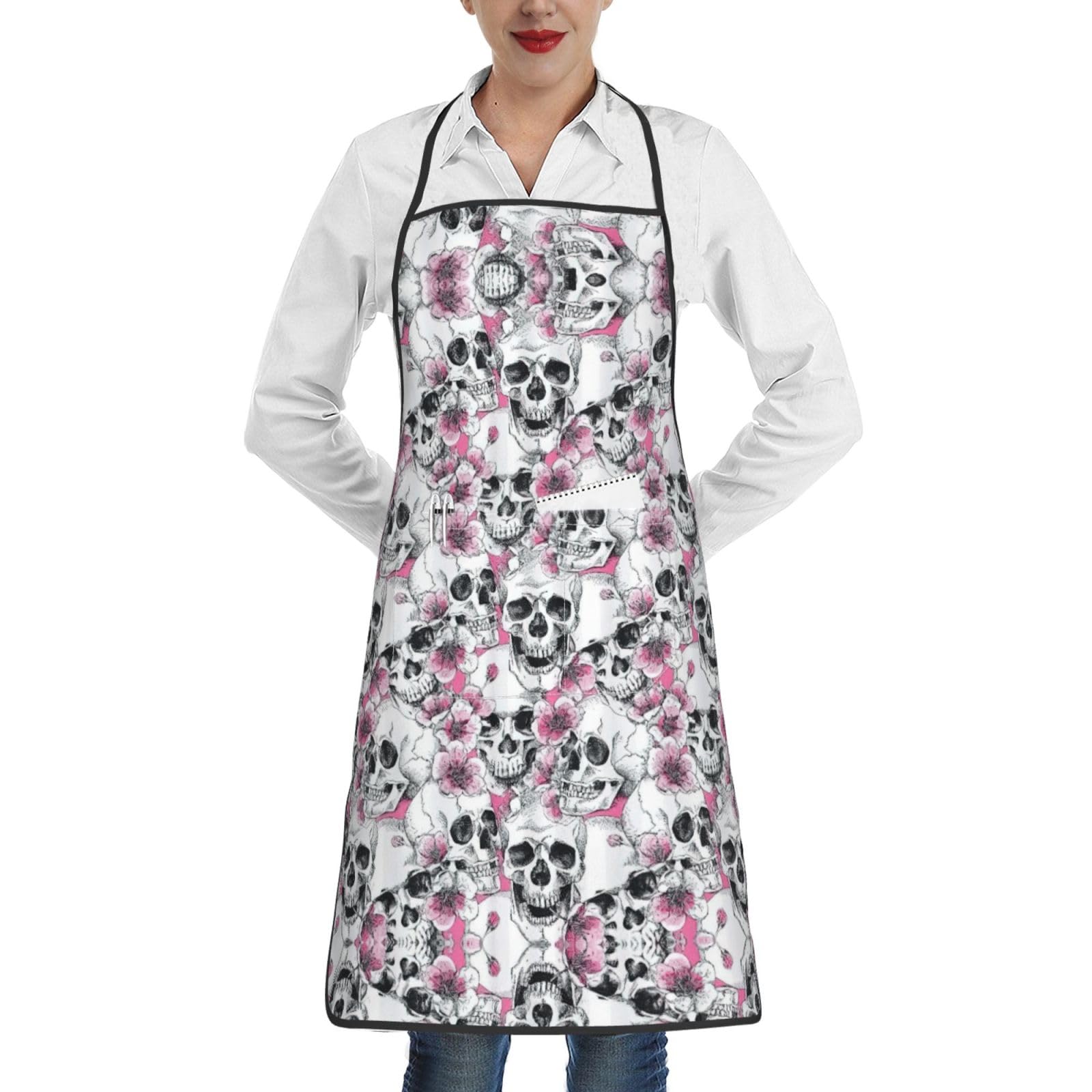 Duwaa Unisex White Floral Skull Print Kitchen Cooking Aprons, Adjustable Bib Soft Chef Apron With 1 Pocket For Men Women